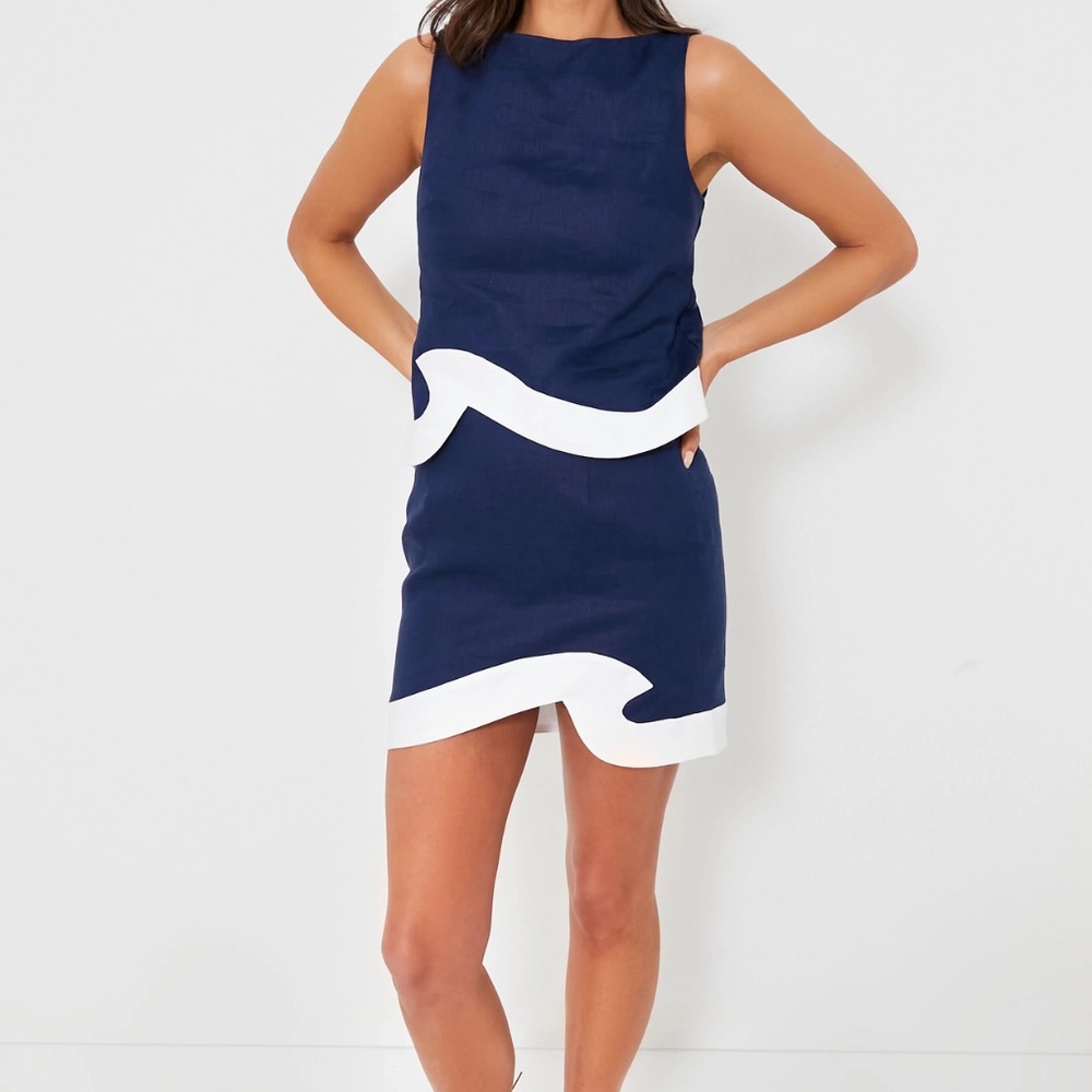 Staud Linen Coordinated Set Mini Skirt & Top Navy/White Wave Pattern Sz L 12-14